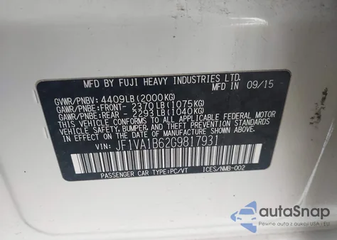 2016 Subaru Wrx z USA, uszkodzony, nr VIN JF1VA1B62G9817931